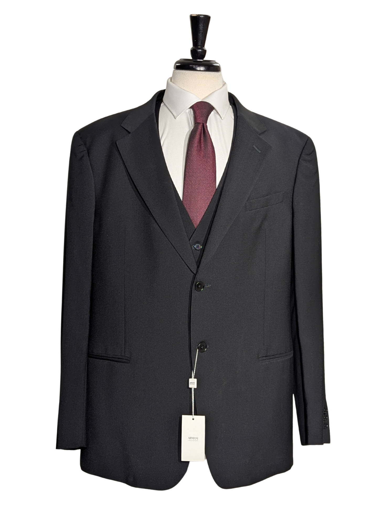 Armani Collezioni Solid Black Notch Lapel 3-Piece Wool Suit - 48R