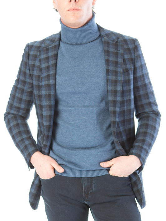 Sartoria Mazara Mens Classic Fit Black & Blue Check 100% Wool Blazer Sportcoat