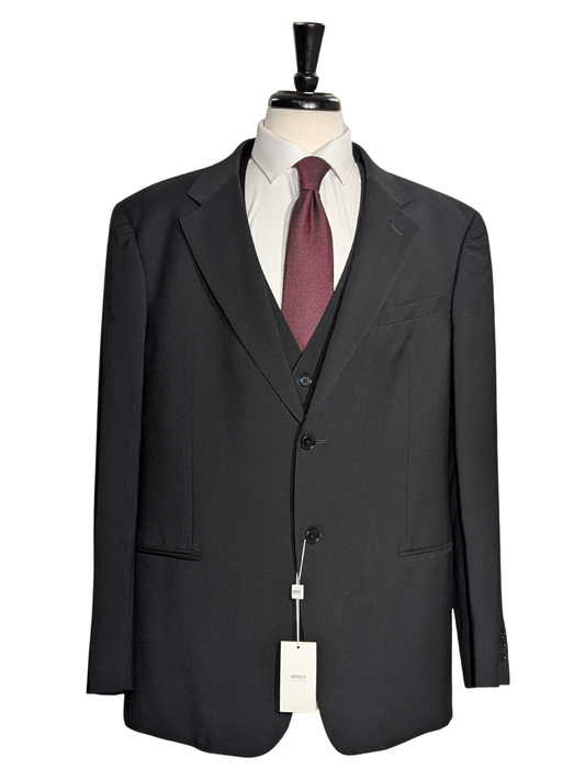 Armani Collezioni Solid Black Notch Lapel 3-Piece Wool Suit - 48R